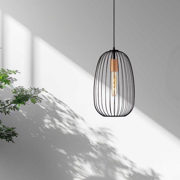 Závesný luster OVELLA na lanku 1xE27/15W/230V, priemer 25 cm, čierna/borovica