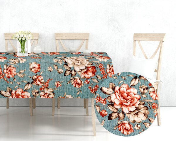 Ervi bavlnený obrus na stôl štvorcový - kvety na tyrkysovom