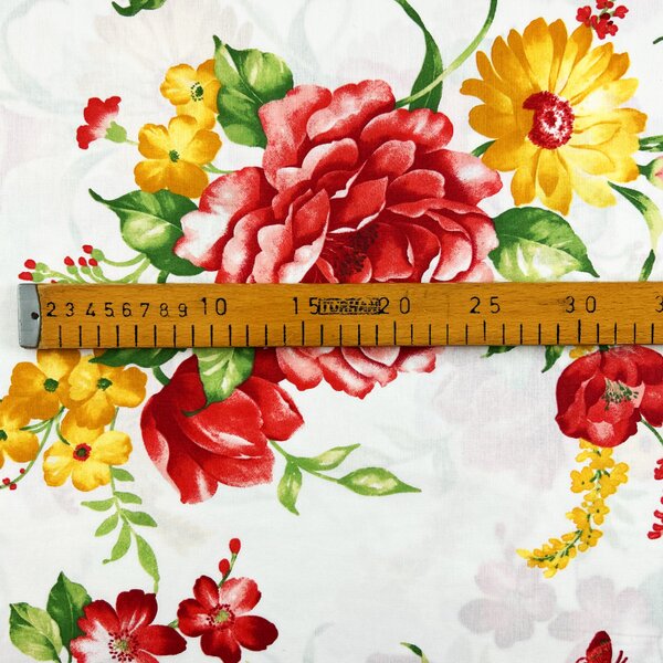 Ervi Bavlnená látka/plátno š.240cm - Červené a žlté kvety č.26560-5, metráž
