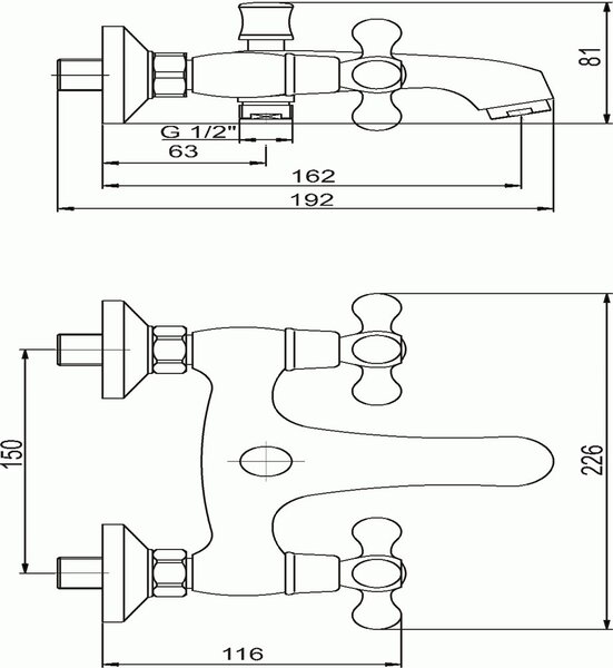 Novaservis Retro II, vaňová batéria bez príslušenstva 150 mm, chrómová, 99120/1,0