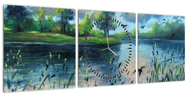 Obraz - Olejomaľba, Letný podvečer pri jazere (s hodinami) (90x30 cm)