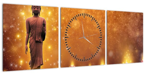 Obraz - Budha v zlatom lesku (s hodinami) (90x30 cm)