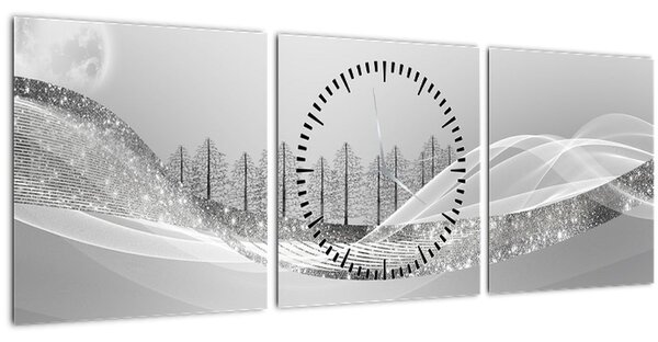 Obraz - Strieborná krajina (s hodinami) (90x30 cm)