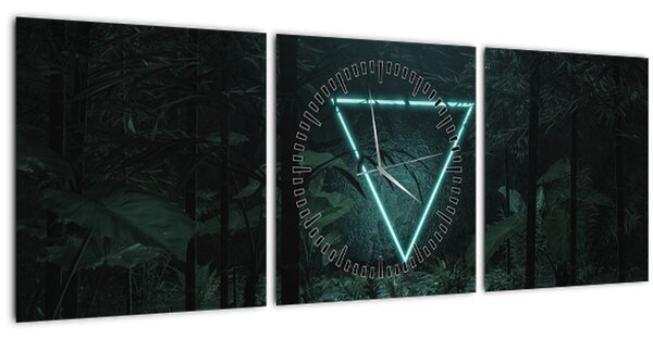 Obraz - Neónový trojuholník v jungli (s hodinami) (90x30 cm)