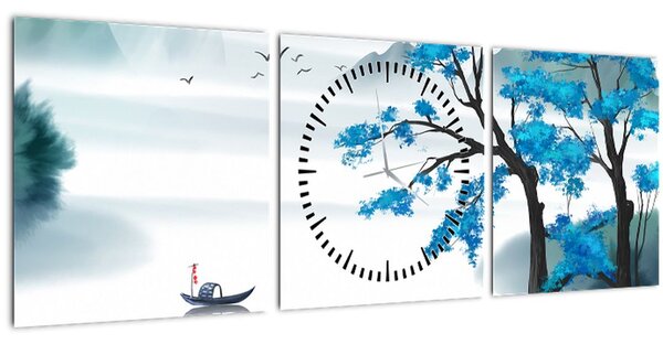 Obraz - Maľované jazero s loďkou (s hodinami) (90x30 cm)