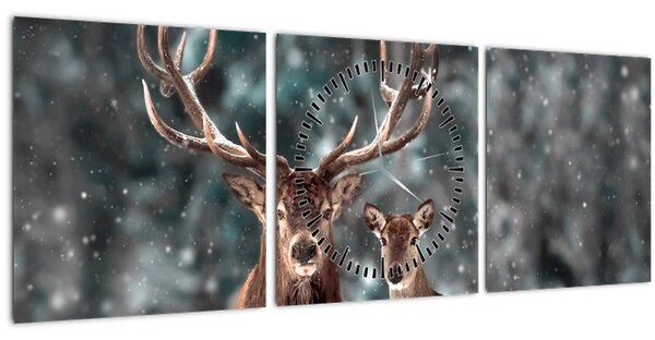 Obraz - Jeleň a laň v zasneženom lese (s hodinami) (90x30 cm)