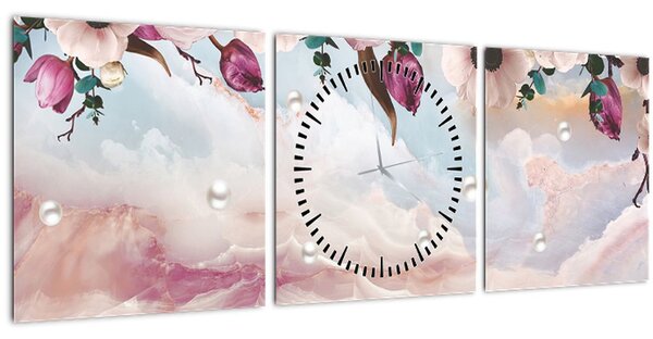 Obraz ružových kvetov s ružovým mramorom (s hodinami) (90x30 cm)