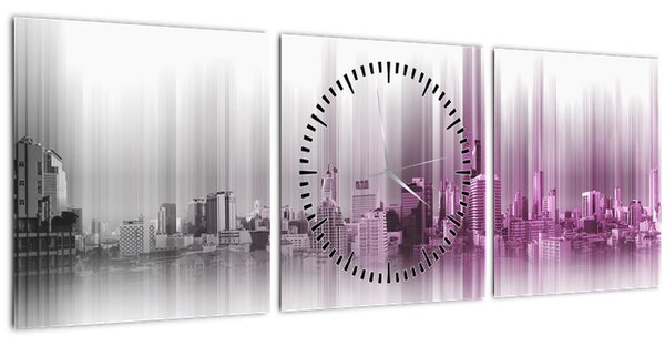 Obraz - Panoráma mesta, ružovo-šedé (s hodinami) (90x30 cm)