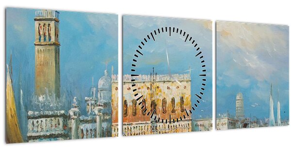 Obraz - Gondola prechádzajúca Benátkami, olejomaľba (s hodinami) (90x30 cm)