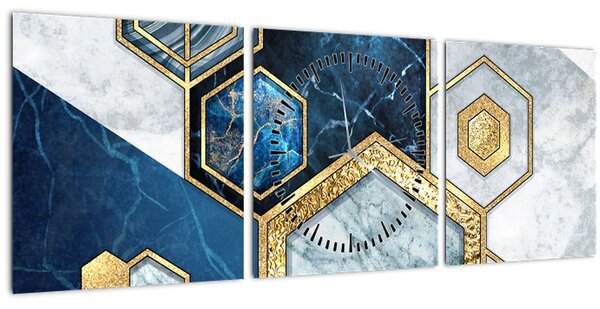 Obraz - Mramorové hexagóny (s hodinami) (90x30 cm)