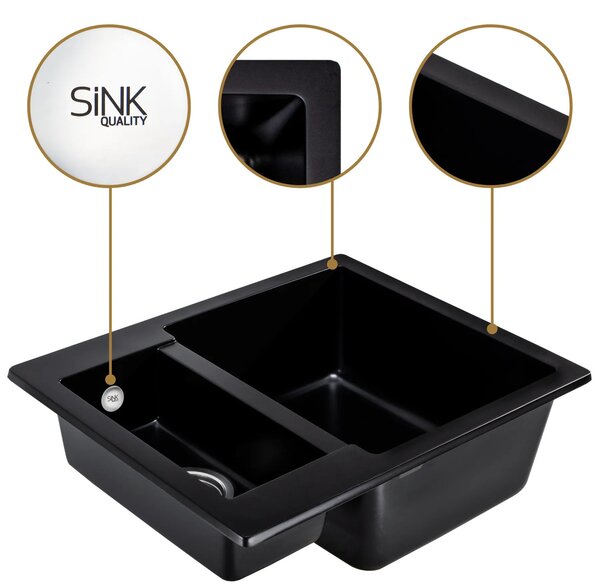 Sink Quality Ferrum, kuchynský granitový drez 605x495x210 mm + chrómový sifón, biela, SKQ-FER.W.5KBO.X