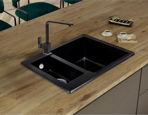 Sink Quality Ferrum, kuchynský granitový drez 605x495x210 mm + chrómový sifón, čierna, SKQ-FER.C.5KBO.X