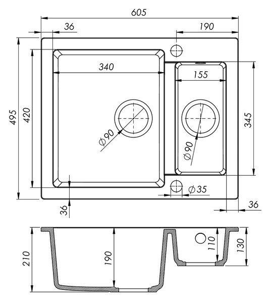 Sink Quality Ferrum, kuchynský granitový drez 605x495x210 mm + chrómový sifón, biela, SKQ-FER.W.5KBO.X