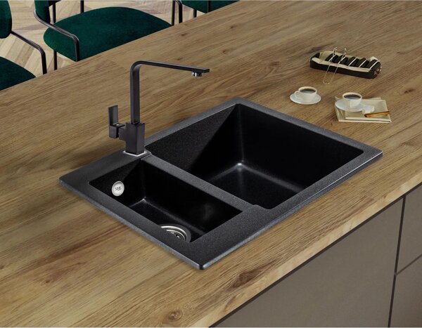 Sink Quality Ferrum, kuchynský granitový drez 605x495x210 mm + chrómový sifón, čierna škvrnitá-BROCADE, SKQ-FER.B.5KBO.X