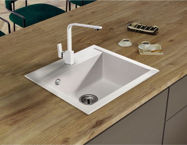 Sink Quality Ferrum, kuchynský granitový drez 565x510x205 mm + chrómový sifón, biela, SKQ-FER.W.1K60.X