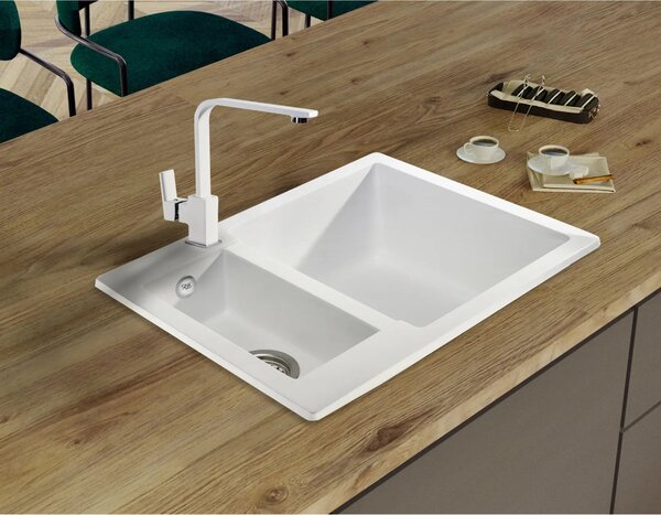 Sink Quality Ferrum, kuchynský granitový drez 605x495x210 mm + chrómový sifón, biela, SKQ-FER.W.5KBO.X