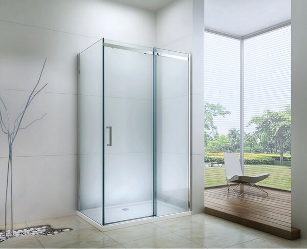 Mexen Omega, sprchovací kút s posuvnými dverami 150 (dvere) x 70 (stena) cm, 8mm sklo, čierny profil-číre sklo, 825-150-070-70-00