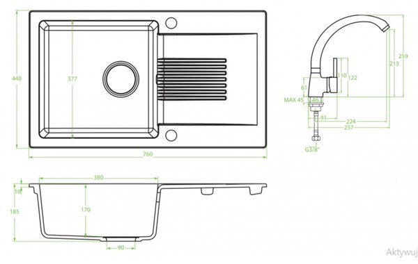 Laveo Ceilia, 1-komorový drez 760x440x185mm + drezová batéria, béžová, LAV-SJCG411T