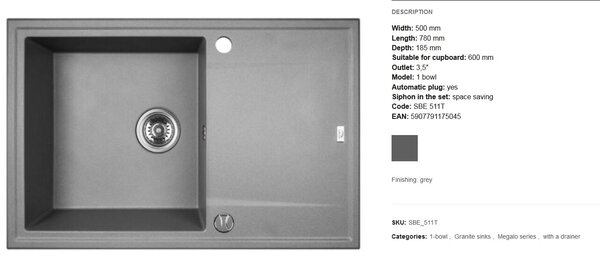 Laveo Megalo, 1-komorový granitový drez 780x500x185 mm, šedá, LAV-SBE_511T