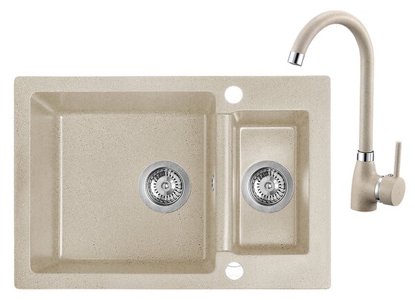 Laveo Celia, 1,5-komorový granitový drez 650x440x195 mm + drezová batéria s výlevkou v tvare U, béžová, LAV-SJCA430T