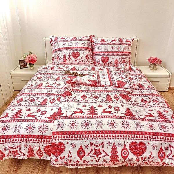 Obliečky bavlnené Vianočné obliečky Christmas červené TiaHome - 1x Vankúš 90x70cm, 1x Paplón 140x200cm