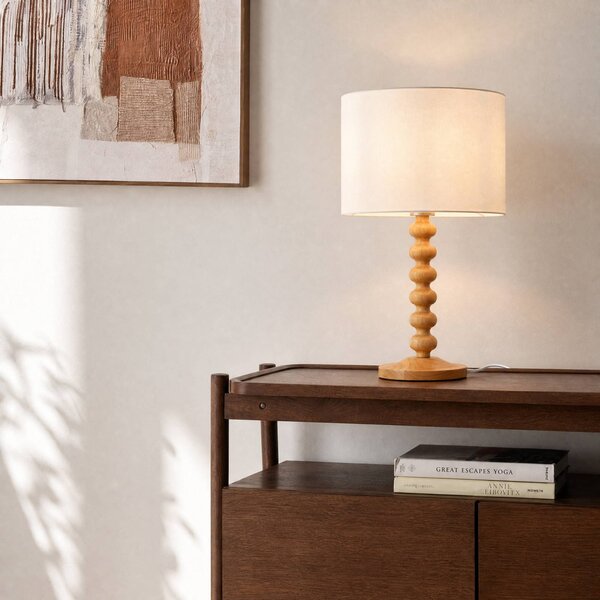 Lucande Stolová lampa Karlie, výška 45 cm, biela, drevo, E27, Svetlé drevo, Drevo