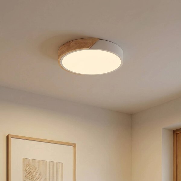PRIOS Stropné LED svetlo Lynorri, Ø 32 cm, biele, drevený vzor, Biela / opálová, Obývacia izba / jedáleň, Plast, Moderný, Závesné svietidlo