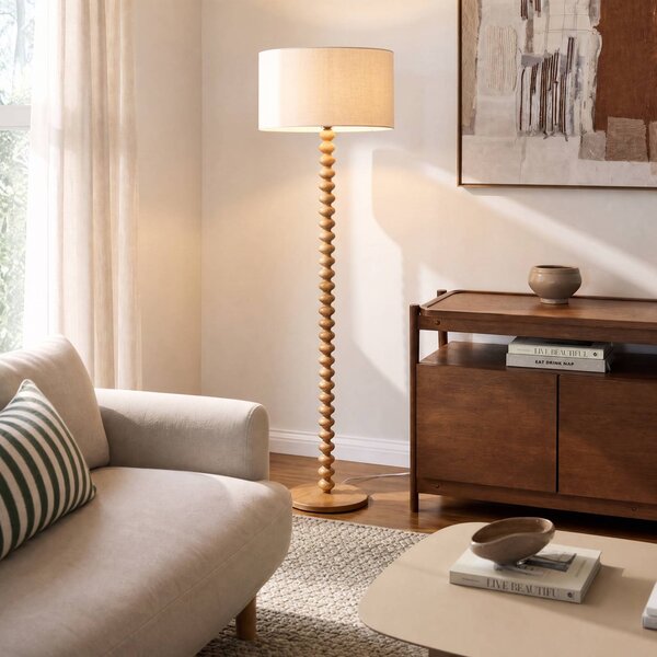 Lucande Stojacia lampa Karlie, výška 155 cm, biela, drevo, E27, Svetlé drevo, Drevo