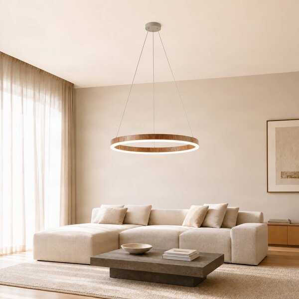 Lucande LED závesné svietidlo Thelma, orech/sivá, Ø 70 cm, Tmavé drevo, Obývacia izba / jedáleň, Plast, Moderný, Závesné svietidlo