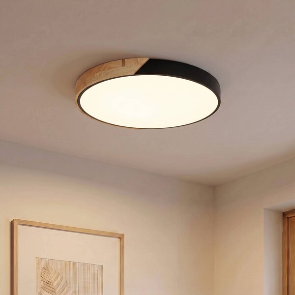 PRIOS Stropné LED svetlo Lynorri, Ø 52 cm, čierne, s dekorom dreva, Čierna, Obývacia izba / jedáleň, Plast, Moderný, Závesné svietidlo