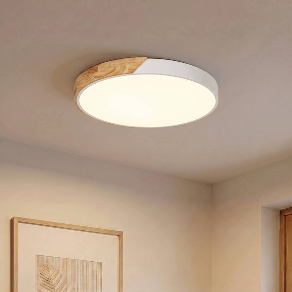PRIOS Stropné LED svetlo Lynorri, Ø 52 cm, biele, drevený vzor, Biela / opálová, Obývacia izba / jedáleň, Plast, Moderný, Závesné svietidlo