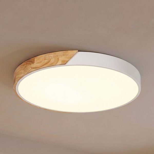 PRIOS Stropné LED svetlo Lynorri, Ø 52 cm, biele, drevený vzor, Biela / opálová, Obývacia izba / jedáleň, Plast, Moderný, Závesné svietidlo