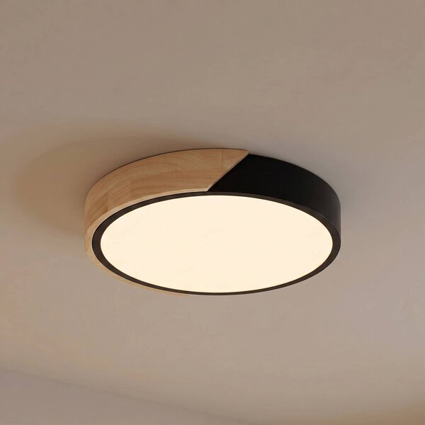 PRIOS Stropné LED svetlo Lynorri, Ø 32 cm, čierne, drevený vzor, Čierna, Obývacia izba / jedáleň, Plast, Moderný, Závesné svietidlo