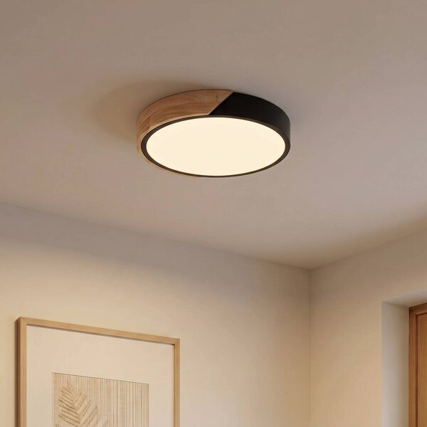 PRIOS Stropné LED svetlo Lynorri, Ø 32 cm, čierne, drevený vzor, Čierna, Obývacia izba / jedáleň, Plast, Moderný, Závesné svietidlo