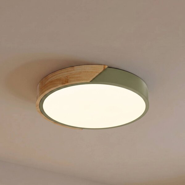 PRIOS Stropné LED svetlo Lynorri, Ø 32 cm, zelené, drevený dekor, Zelená, Obývacia izba / jedáleň, Plast, Moderný, Závesné svietidlo