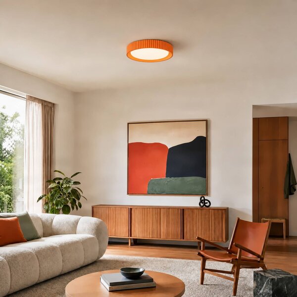 Lindby Stropné LED svetlo Colbie, oranžové s rebrovaním, Ø 46 cm, stmievateľné., Žltá / oranžová, Obývacia izba / jedáleň, Štýl mladých, Závesné svietidlo