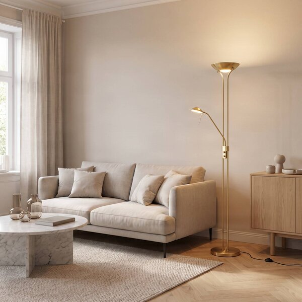 Lindby LED stojacia lampa Josefin, mosadz, svetlo na čítanie, stmievateľné, Mosadz / zlato, Obývacia izba / jedáleň, kov, Moderný, Zemné bodové svetlo