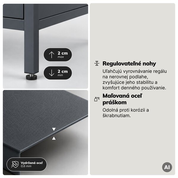 Regál so zásuvkami do kancelárie, na zakladače a dokumenty, otvorené police, kovový, antracitový, 800x2200x400 mm: ARIEL