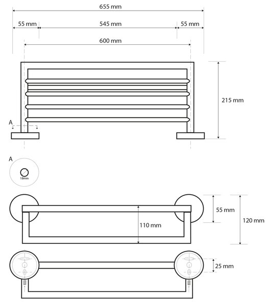 Sapho Sapho, X-STEEL polička na uteráky s hrazdou, brúsená nerez, XS406