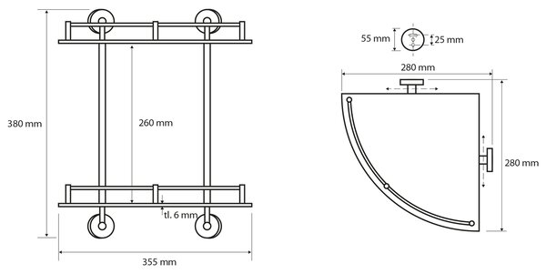 Sapho Sapho, X-ROUND E polička sklo roh dvojitá s hrazdou 280x355x380mm, chróm, XR604