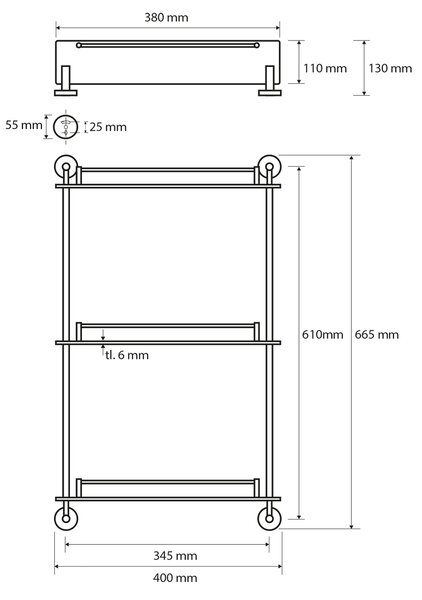 Sapho Sapho, X-ROUND E sklenená polička trojitá s hrazdou 380x675x130mm, chróm, XR608
