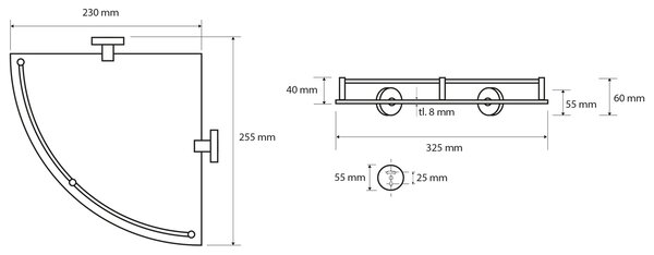 Sapho Sapho, X-ROUND E sklenená polička rohová s hrazdou 250x70x250mm, chróm, XR605