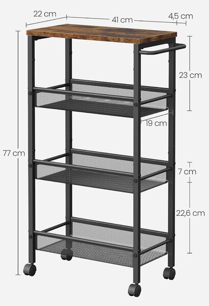 4-poschodový pojazdný regál, rustikálna hnedá/čierna