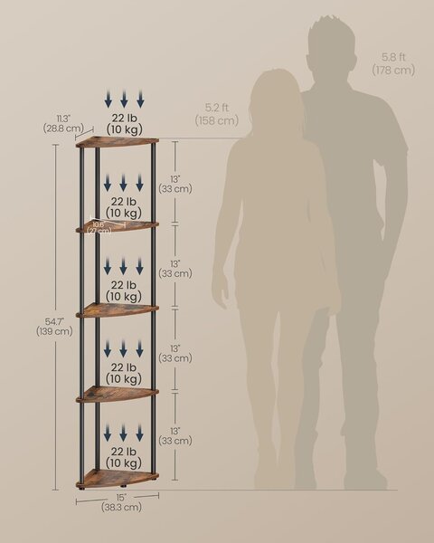 5-poschodová rohová polica, rustikálna hnedá
