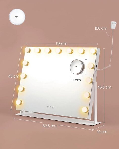 Kozmetické zrkadlo s LED osvetlením 58 × 43 cm – 15 LED žiaroviek