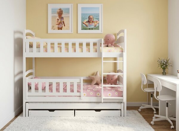 MAXMAX Detská poschodová posteľ z masívu borovice s prístelkou a šuplíky BOHDANA - 200x90 cm - BIELA