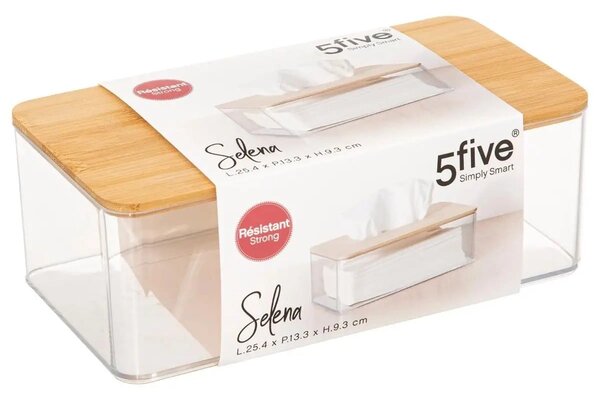 Box na vreckovky Selena, 25,3x9,3x13,3 cm, číra/s drevenými prvkami