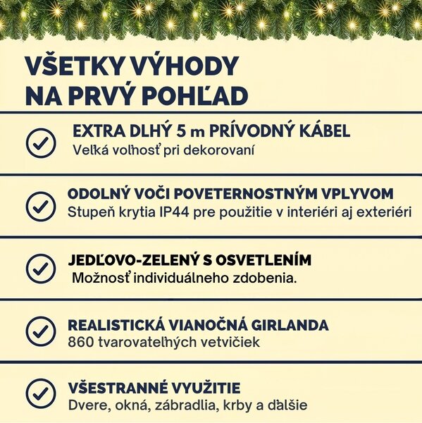 Vianočná girlanda ANDREA s osvetlením, 10m, zelená Casaria