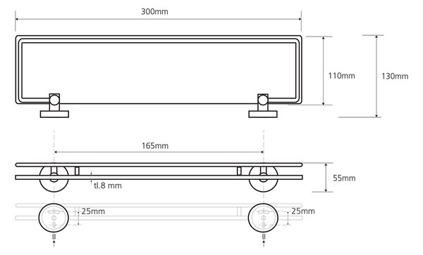 Sapho Sapho, X-ROUND E polička sklenená s výklopnou hrazdou 300x130mm, mliečne sklo, chróm, XR607