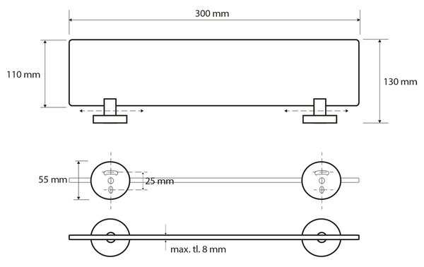 Sapho Sapho, X-ROUND E sklenená polička 300x130mm, chróm, XR601